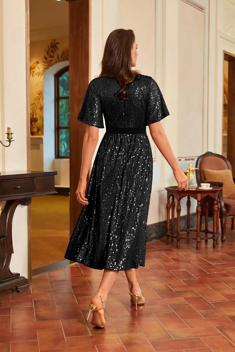 GRACE KARIN Women's Sequin V Neck Ruffle Sleeve Empire Waist Sparkly Glitter A Line Cocktail Formal Dresses