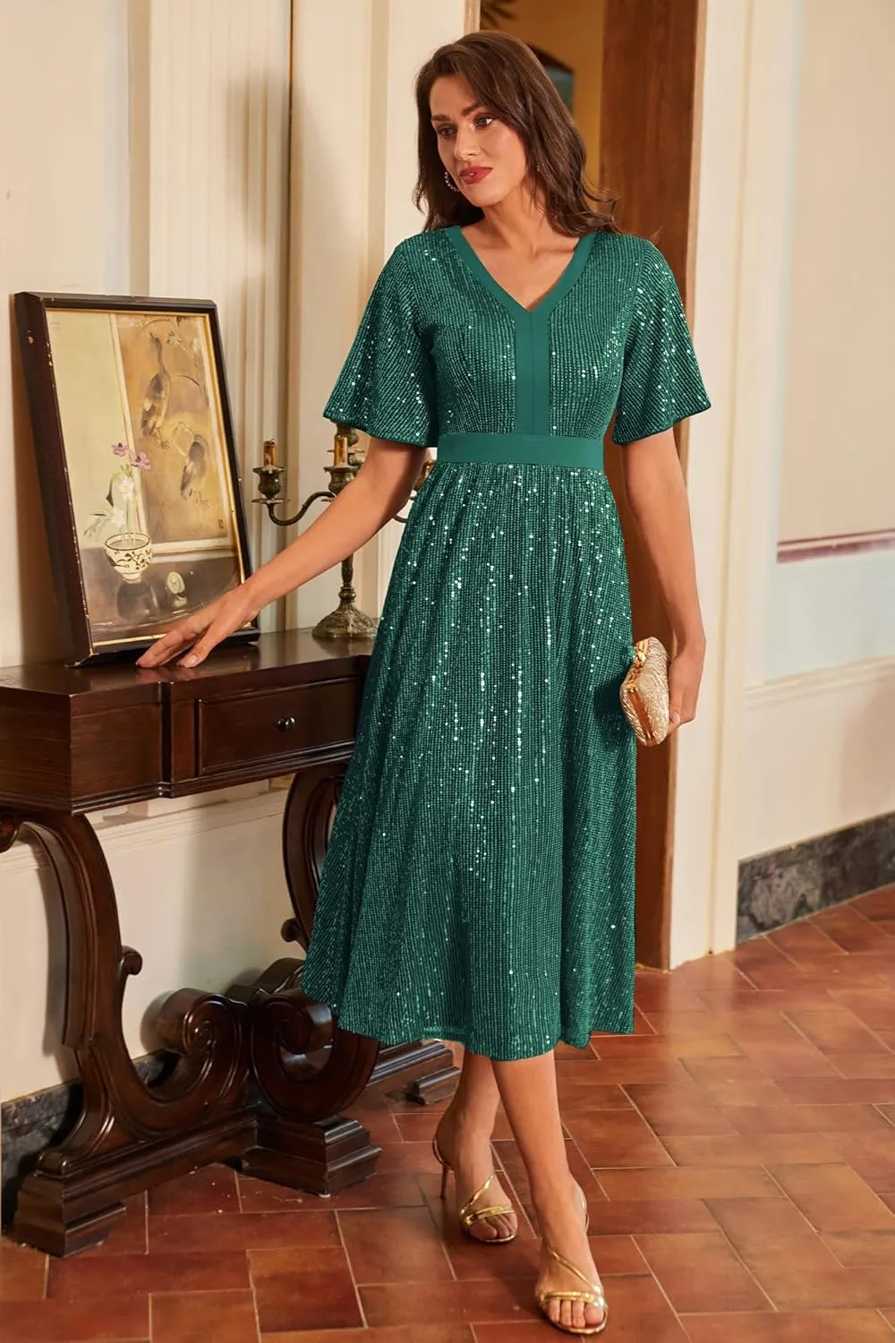 GRACE KARIN Women's Sequin V Neck Ruffle Sleeve Empire Waist Sparkly Glitter A Line Cocktail Formal Dresses