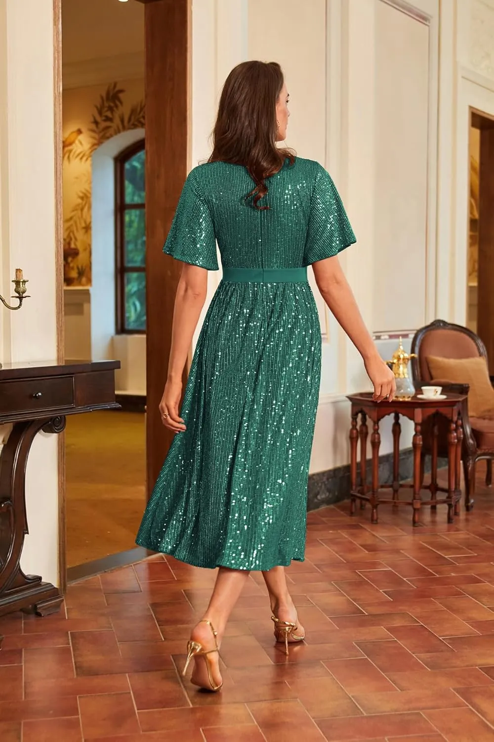 GRACE KARIN Women's Sequin V Neck Ruffle Sleeve Empire Waist Sparkly Glitter A Line Cocktail Formal Dresses