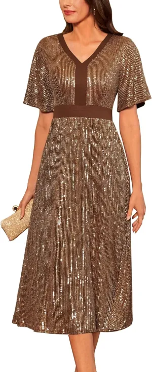 GRACE KARIN Women's Sequin V Neck Ruffle Sleeve Empire Waist Sparkly Glitter A Line Cocktail Formal Dresses