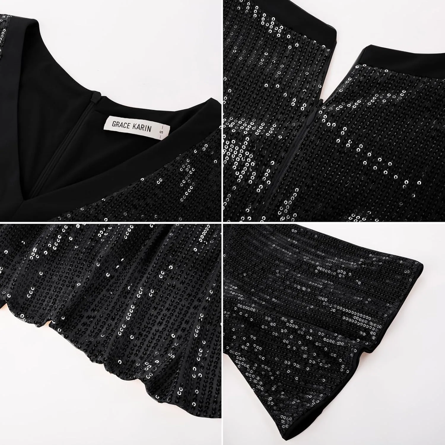 GRACE KARIN Women's Sequin V Neck Ruffle Sleeve Empire Waist Sparkly Glitter A Line Cocktail Formal Dresses