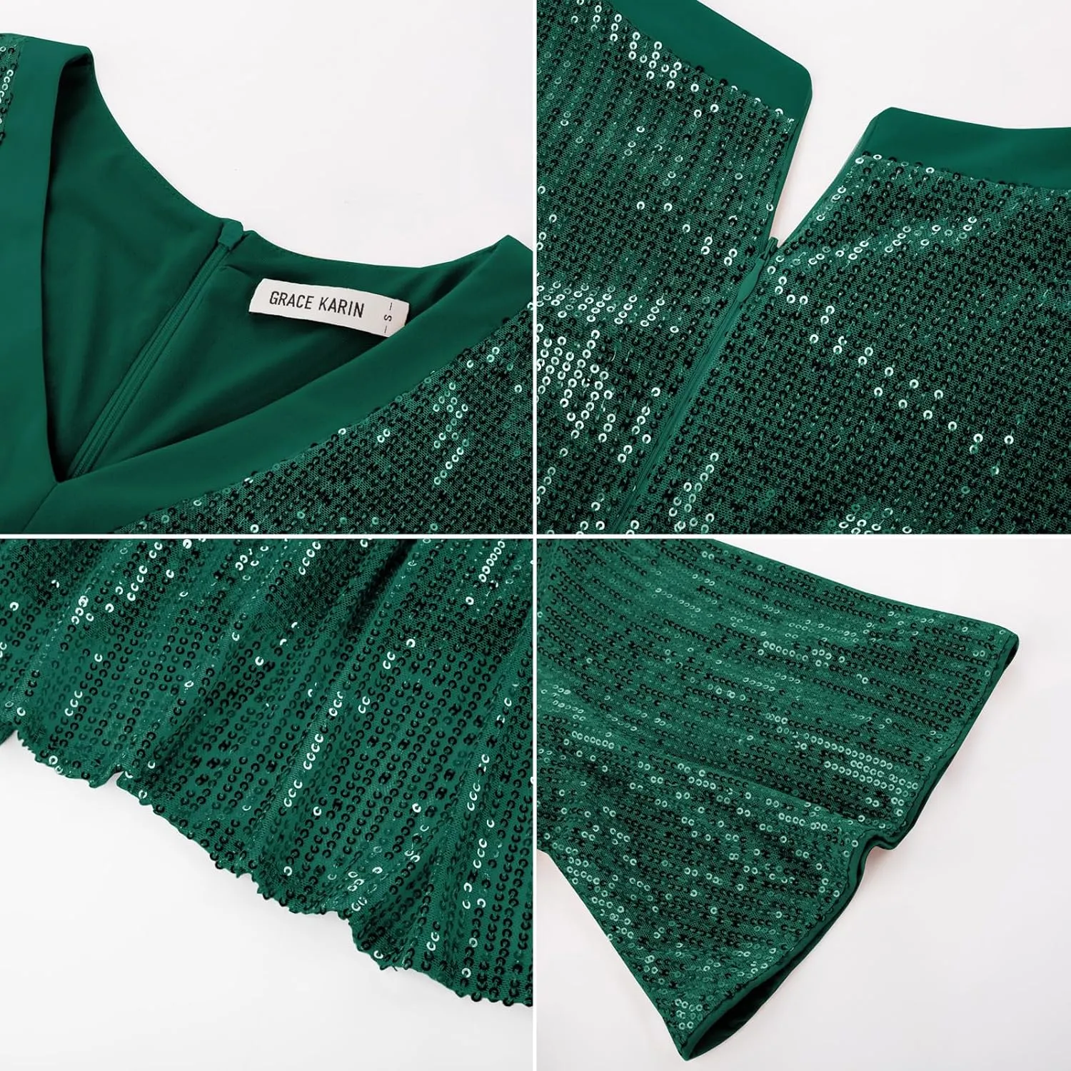 GRACE KARIN Women's Sequin V Neck Ruffle Sleeve Empire Waist Sparkly Glitter A Line Cocktail Formal Dresses