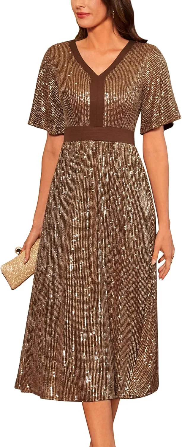 GRACE KARIN Women's Sequin V Neck Ruffle Sleeve Empire Waist Sparkly Glitter A Line Cocktail Formal Dresses