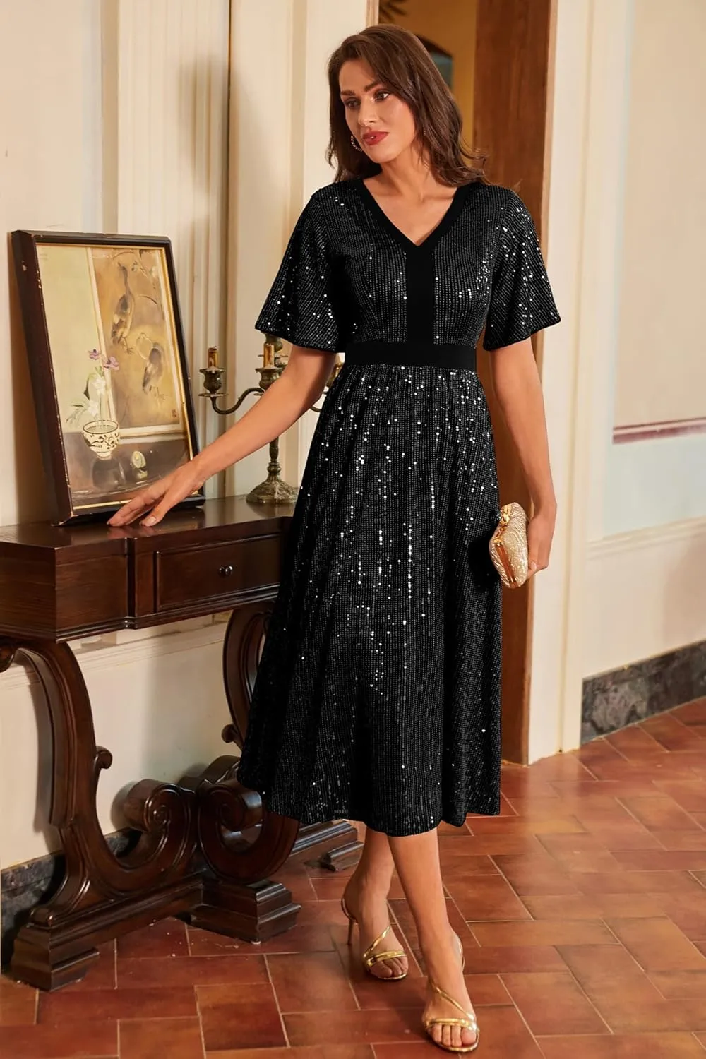 GRACE KARIN Women's Sequin V Neck Ruffle Sleeve Empire Waist Sparkly Glitter A Line Cocktail Formal Dresses
