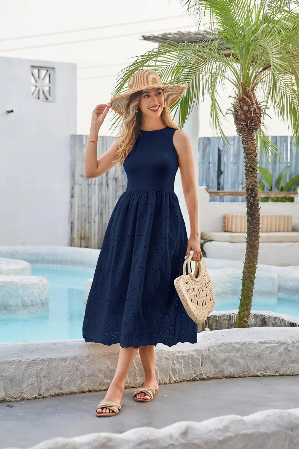 GRACE KARIN Women's Summer Sleeveless Tank Dress A Line Midi Dress Eyelet Crewneck Casual Holiday Dress with Pockets