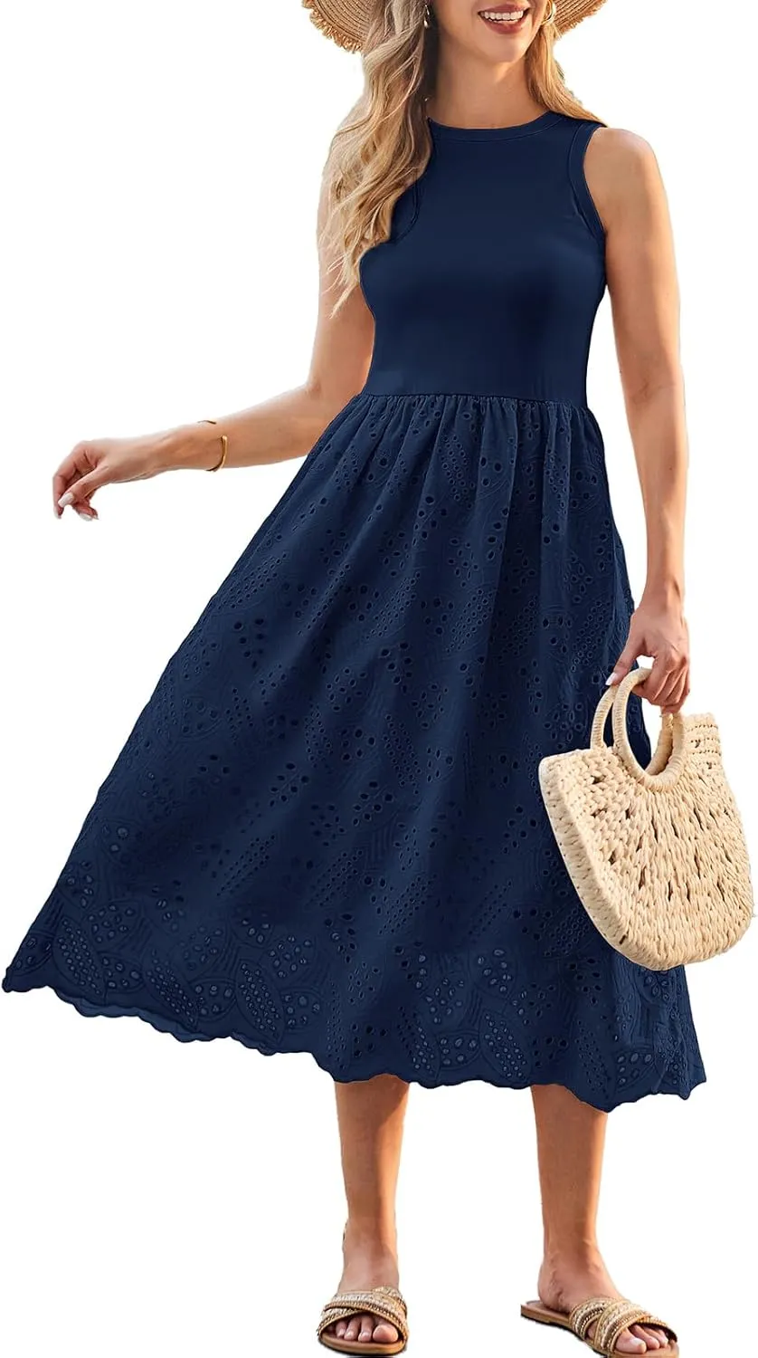 GRACE KARIN Women's Summer Sleeveless Tank Dress A Line Midi Dress Eyelet Crewneck Casual Holiday Dress with Pockets