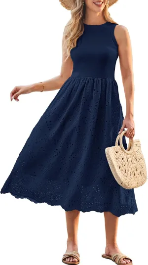 GRACE KARIN Women's Summer Sleeveless Tank Dress A Line Midi Dress Eyelet Crewneck Casual Holiday Dress with Pockets