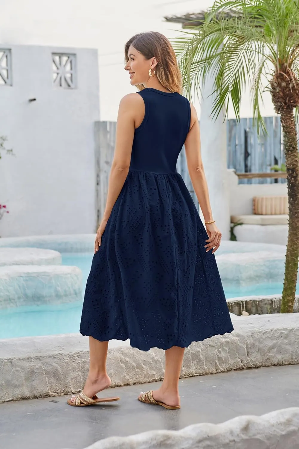 GRACE KARIN Women's Summer Sleeveless Tank Dress A Line Midi Dress Eyelet Crewneck Casual Holiday Dress with Pockets