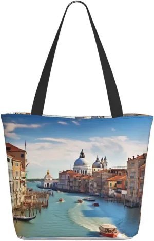 Grand canal in Italy Tote Bag for Women Large Shoulder Bag with Zipper Travel Handbag with Pockets Aesthetic Reusable Shopping Bags