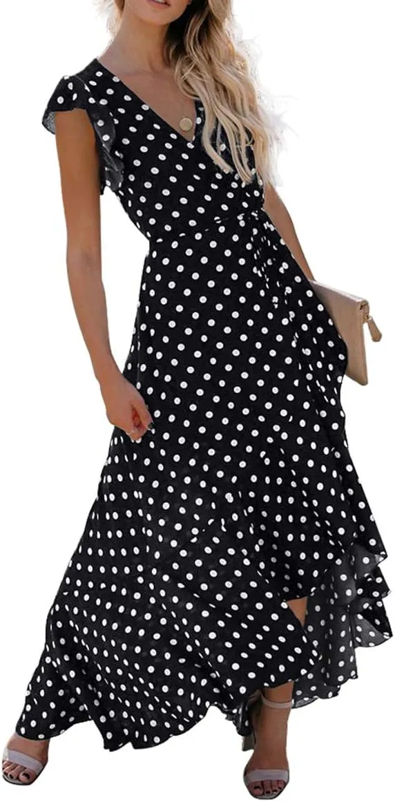 GRECERELLE 2025 Women's Spring Summer Boho Floral Print V-Neck Faux Wrap Maxi Dress for Wedding Guest, Graduation, Party