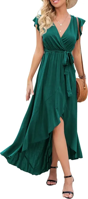 GRECERELLE 2025 Women's Spring Summer Boho Floral Print V-Neck Faux Wrap Maxi Dress for Wedding Guest, Graduation, Party