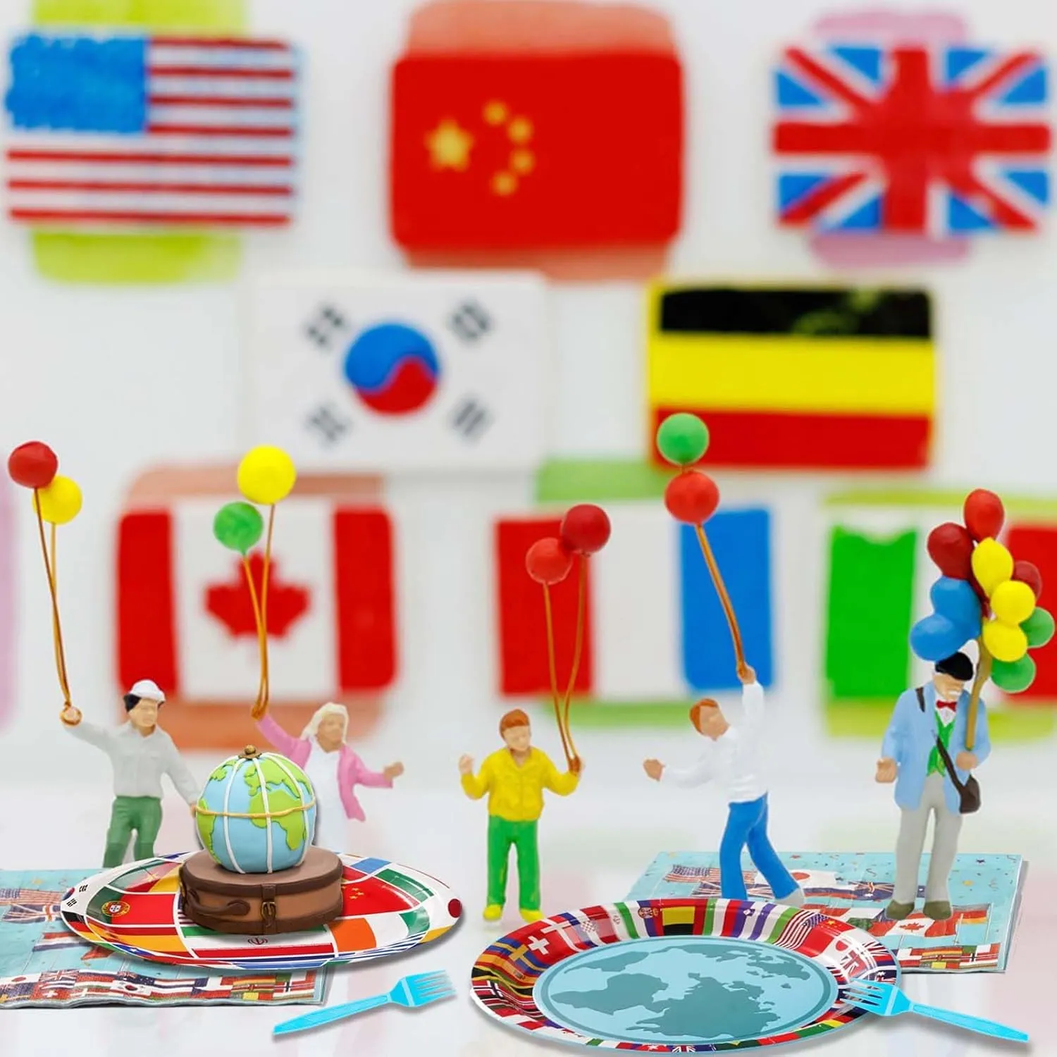 Grencian 96Pcs International Flags of The World Party Plates and Napkins Travel Themed Party Decoration Tableware Set Trip Around the World Decorations for Birthday Trip Retirement Party Supplies