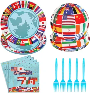 Grencian 96Pcs International Flags of The World Party Plates and Napkins Travel Themed Party Decoration Tableware Set Trip Around the World Decorations for Birthday Trip Retirement Party Supplies