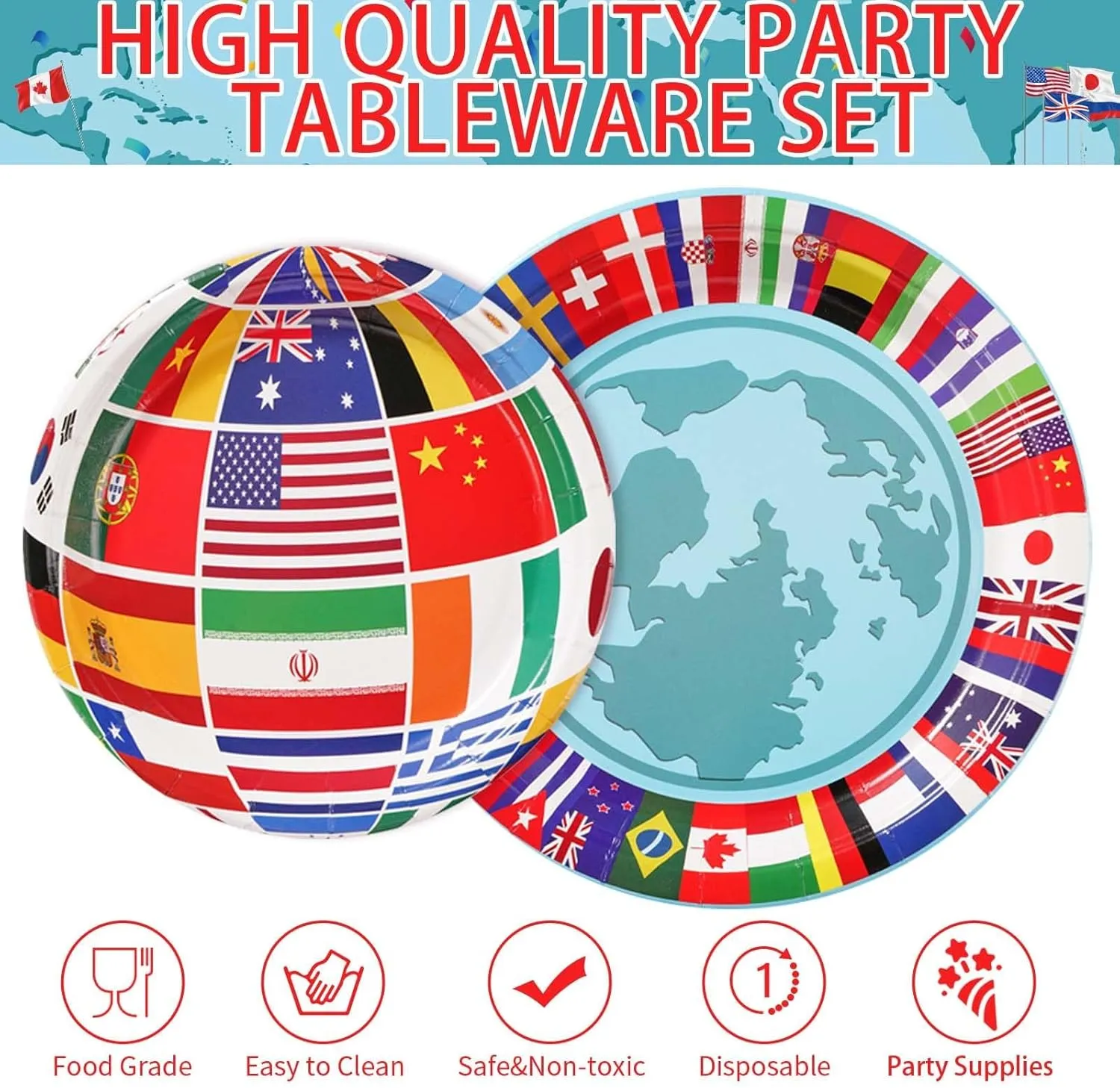 Grencian 96Pcs International Flags of The World Party Plates and Napkins Travel Themed Party Decoration Tableware Set Trip Around the World Decorations for Birthday Trip Retirement Party Supplies