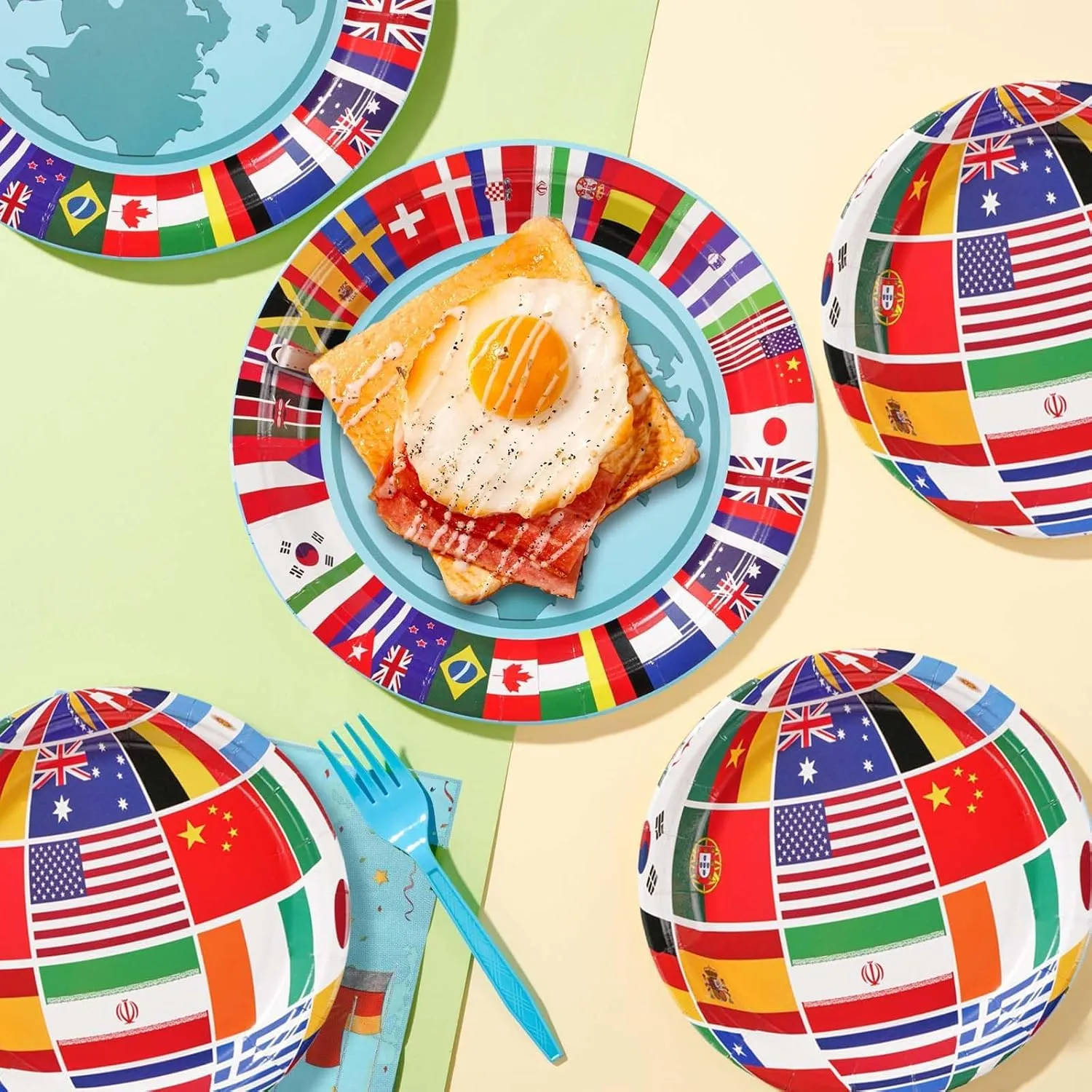 Grencian 96Pcs International Flags of The World Party Plates and Napkins Travel Themed Party Decoration Tableware Set Trip Around the World Decorations for Birthday Trip Retirement Party Supplies