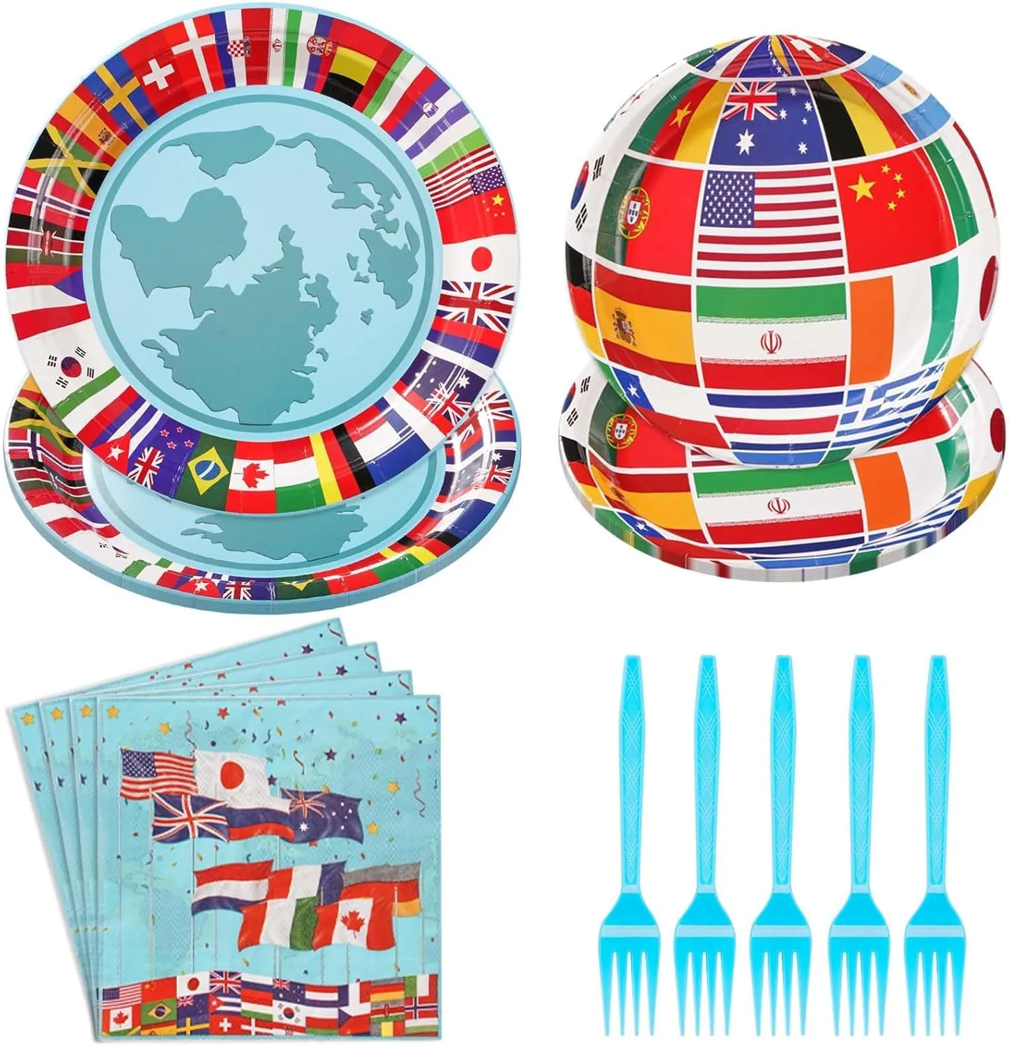 Grencian 96Pcs International Flags of The World Party Plates and Napkins Travel Themed Party Decoration Tableware Set Trip Around the World Decorations for Birthday Trip Retirement Party Supplies