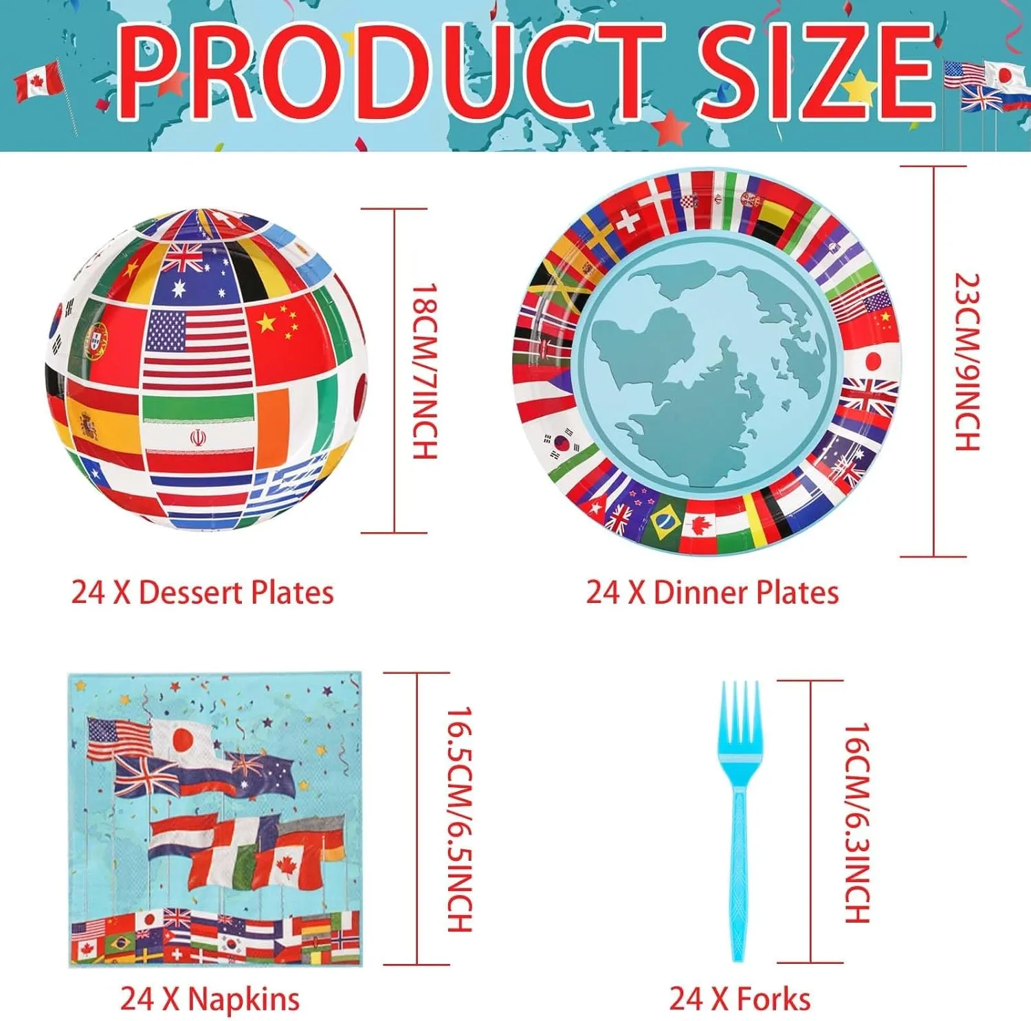 Grencian 96Pcs International Flags of The World Party Plates and Napkins Travel Themed Party Decoration Tableware Set Trip Around the World Decorations for Birthday Trip Retirement Party Supplies