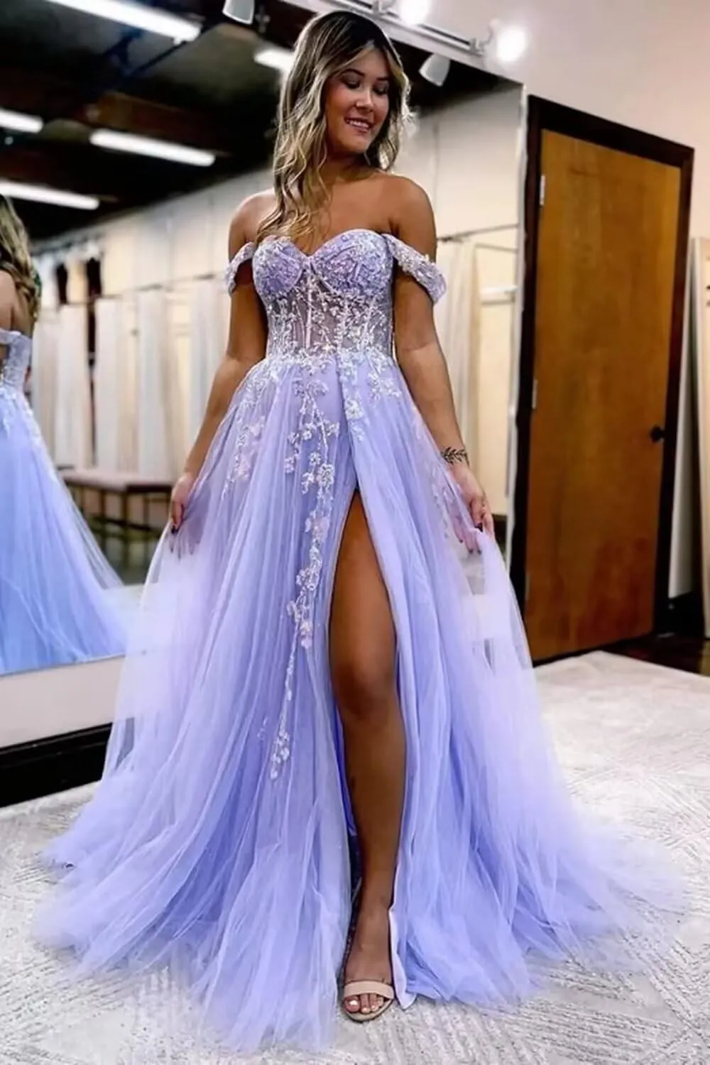 Guramisi Women's Off The Shoulder Prom Dresses with Slit Long Laces Appliques Formal Ball Gowns for Teens