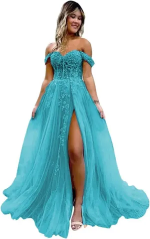Guramisi Women's Off The Shoulder Prom Dresses with Slit Long Laces Appliques Formal Ball Gowns for Teens