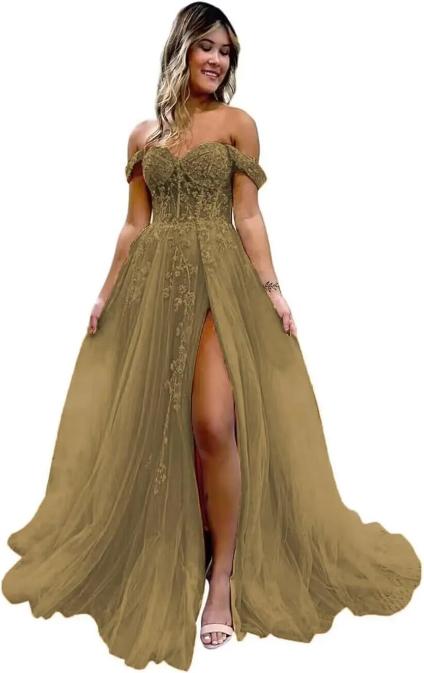 Guramisi Women's Off The Shoulder Prom Dresses with Slit Long Laces Appliques Formal Ball Gowns for Teens