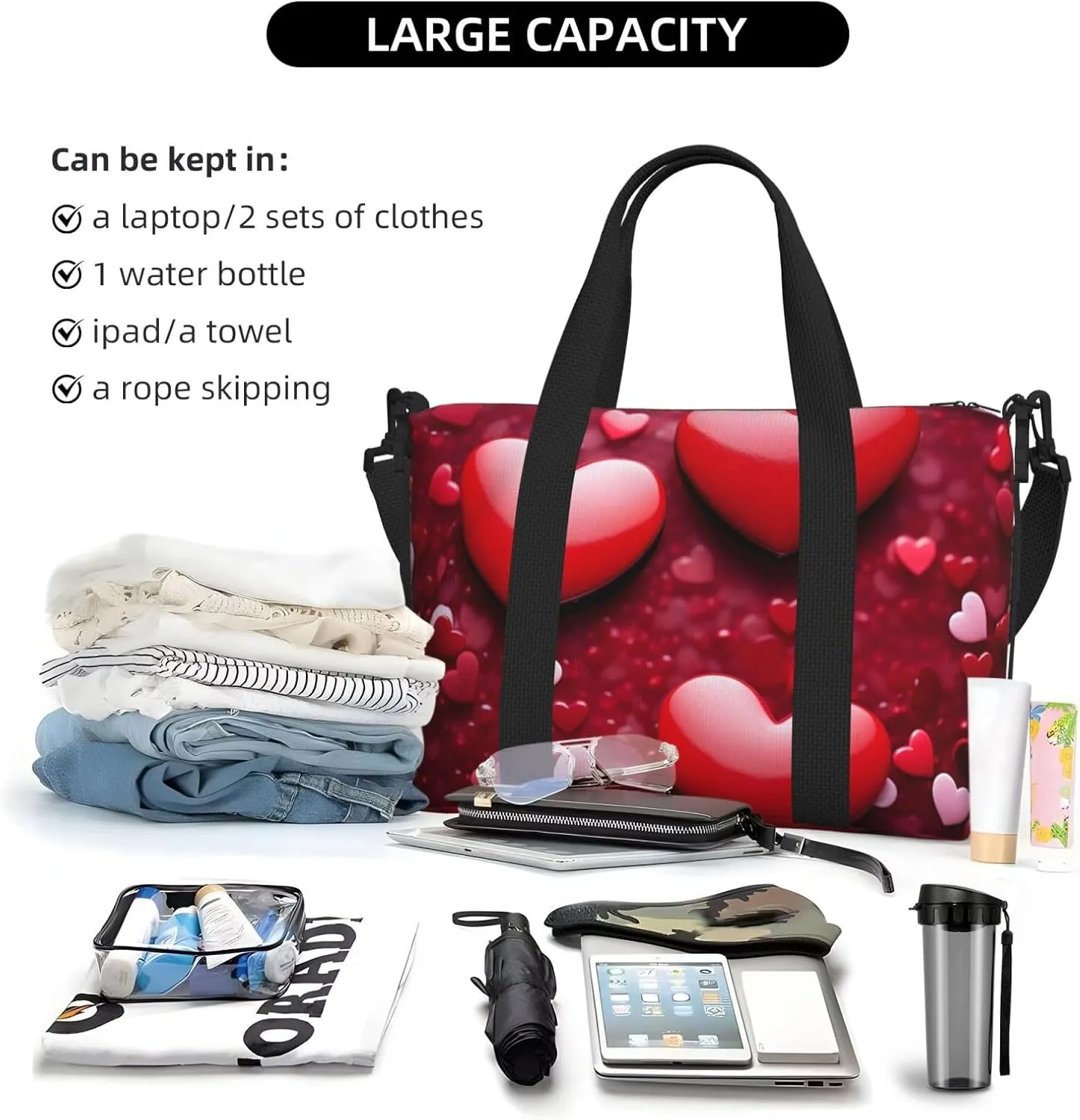 Gym Bag Valentines Love Hearts Duffel Bag for Men Women Travel Overnight Bag with Shoe Compartment Workout Bags
