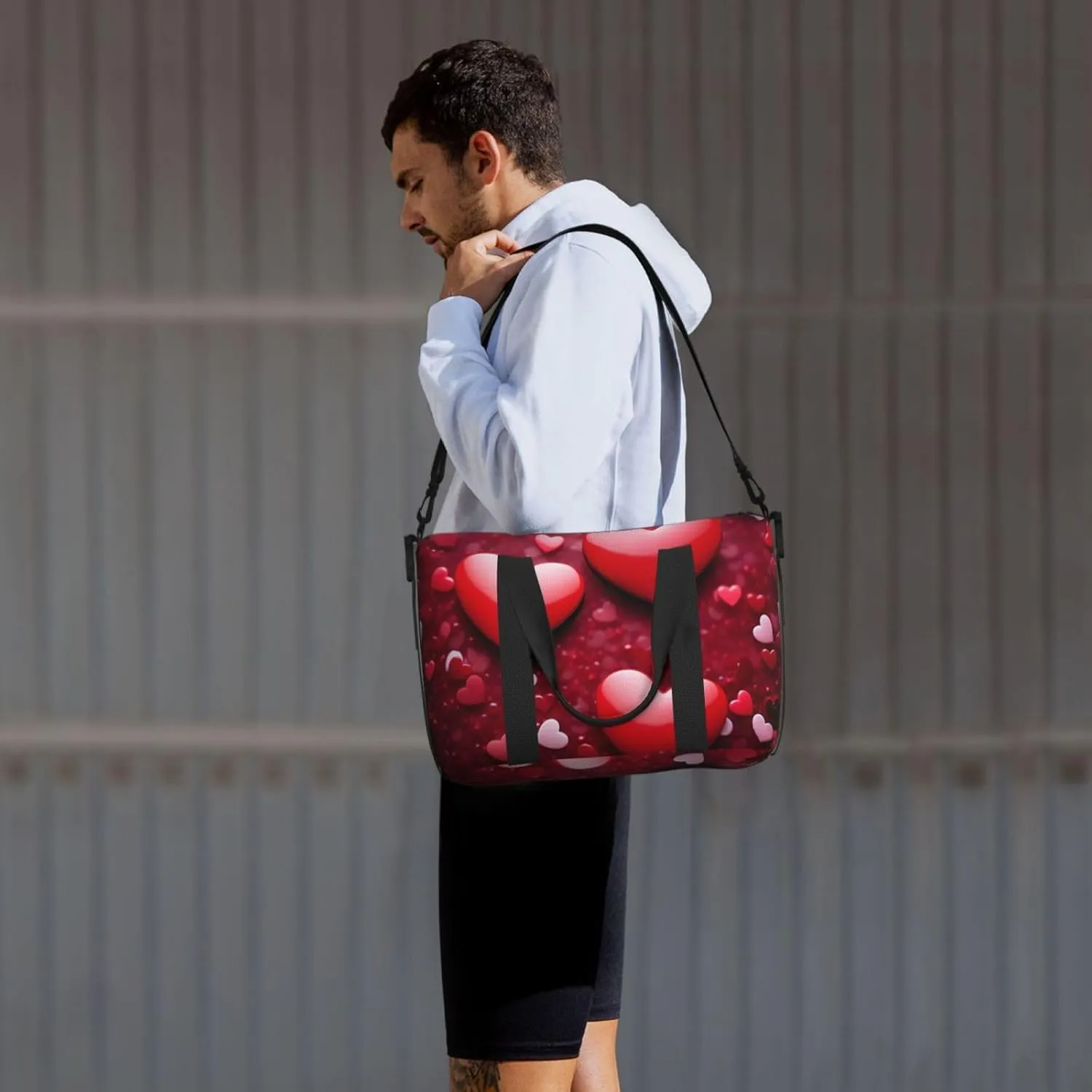 Gym Bag Valentines Love Hearts Duffel Bag for Men Women Travel Overnight Bag with Shoe Compartment Workout Bags