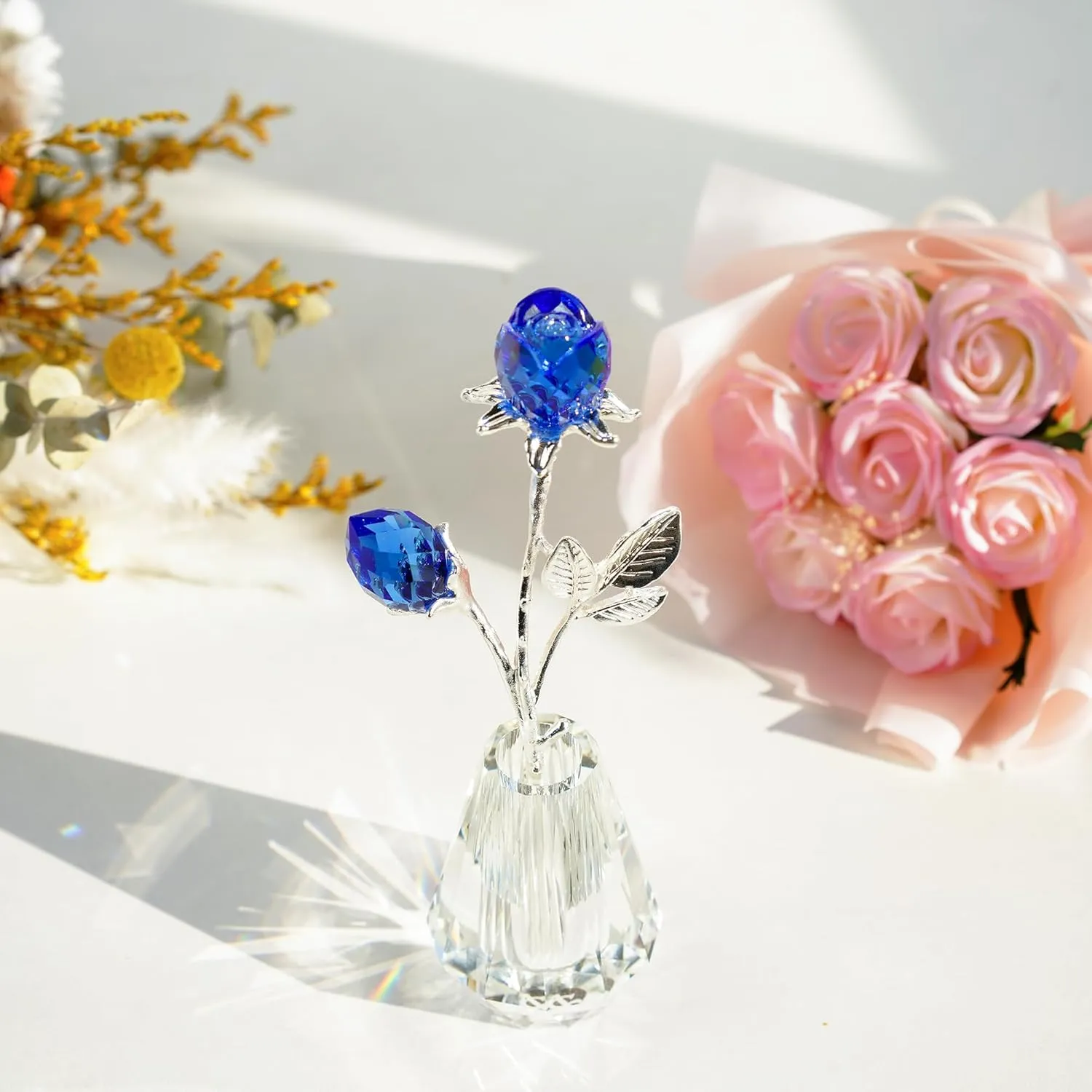 H&D HYALINE & DORA Blue Crystals Roses in Vase with Sliver Metal Stem Glass Figurine Ornament Wedding Gifts for Woman Home Party Decorations