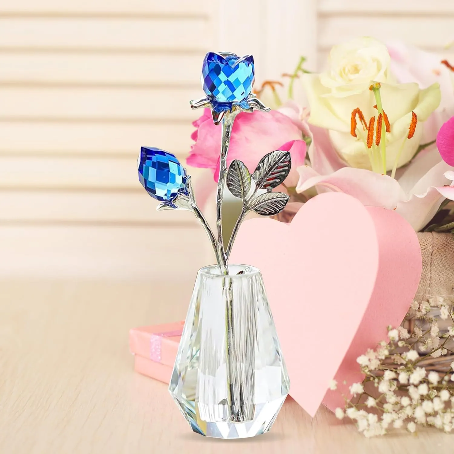 H&D HYALINE & DORA Blue Crystals Roses in Vase with Sliver Metal Stem Glass Figurine Ornament Wedding Gifts for Woman Home Party Decorations