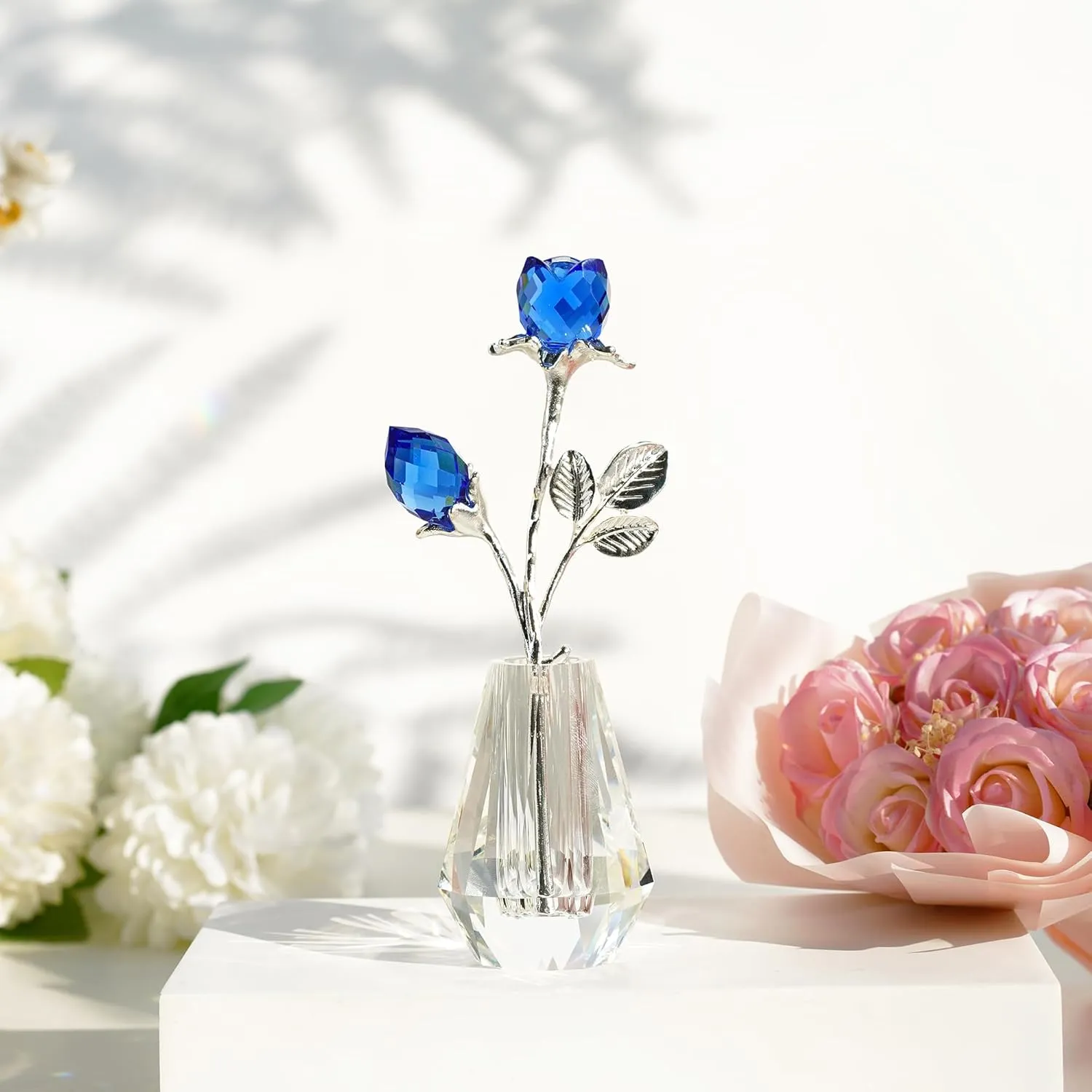 H&D HYALINE & DORA Blue Crystals Roses in Vase with Sliver Metal Stem Glass Figurine Ornament Wedding Gifts for Woman Home Party Decorations