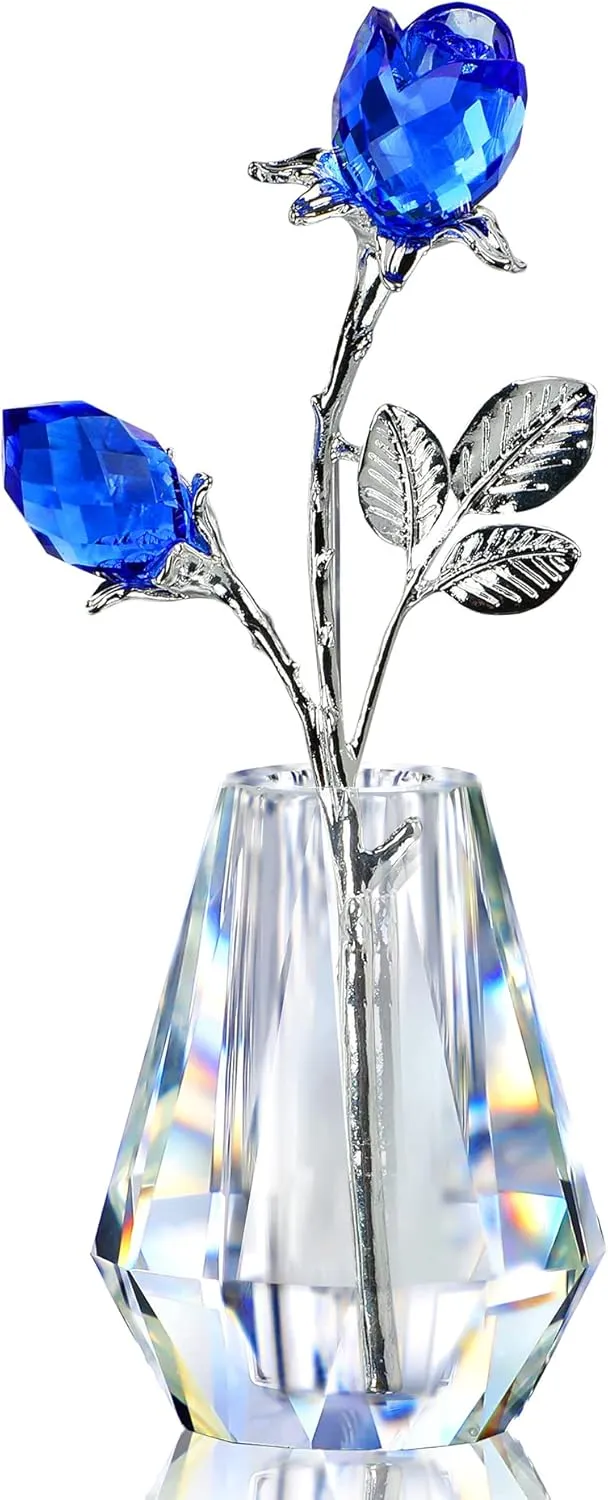 H&D HYALINE & DORA Blue Crystals Roses in Vase with Sliver Metal Stem Glass Figurine Ornament Wedding Gifts for Woman Home Party Decorations