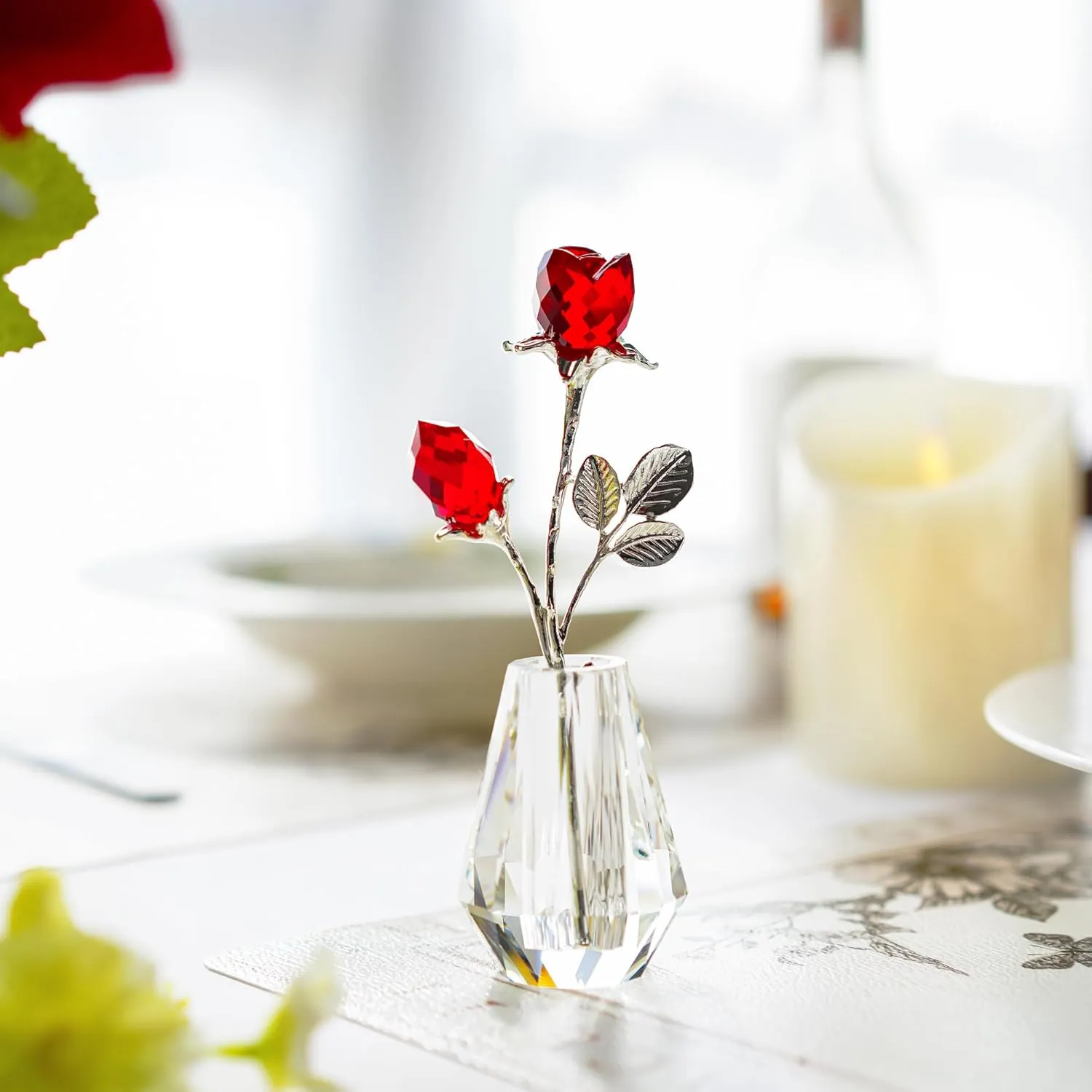 H&D HYALINE & DORA Crystal Red Rose Figurine Collectible Glass Double Roses Flowers Bouquets Ornament Silver Stem with Crystal vase Decor for Home Wedding Party