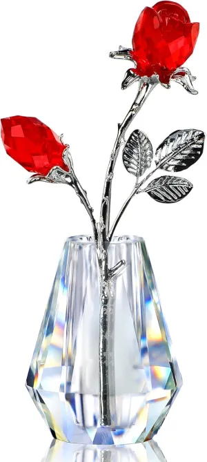 H&D HYALINE & DORA Crystal Red Rose Figurine Collectible Glass Double Roses Flowers Bouquets Ornament Silver Stem with Crystal vase Decor for Home Wedding Party