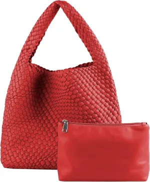 Hand Woven Tote for Women - Vegan Leather Handle Handbag, Travel Shoulder Bag, Hobo and Beach Bag With Purse