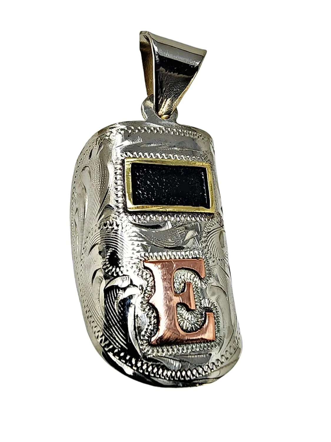 Handcrafted Sugar Scoop Welding Hood Pendant. Custom Copper Initial. Hand Engraved. Necklace Gift for Welders. Avoid getting it wet. (E)