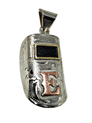 Handcrafted Sugar Scoop Welding Hood Pendant. Custom Copper Initial. Hand Engraved. Necklace Gift for Welders. Avoid getting it wet. (E)