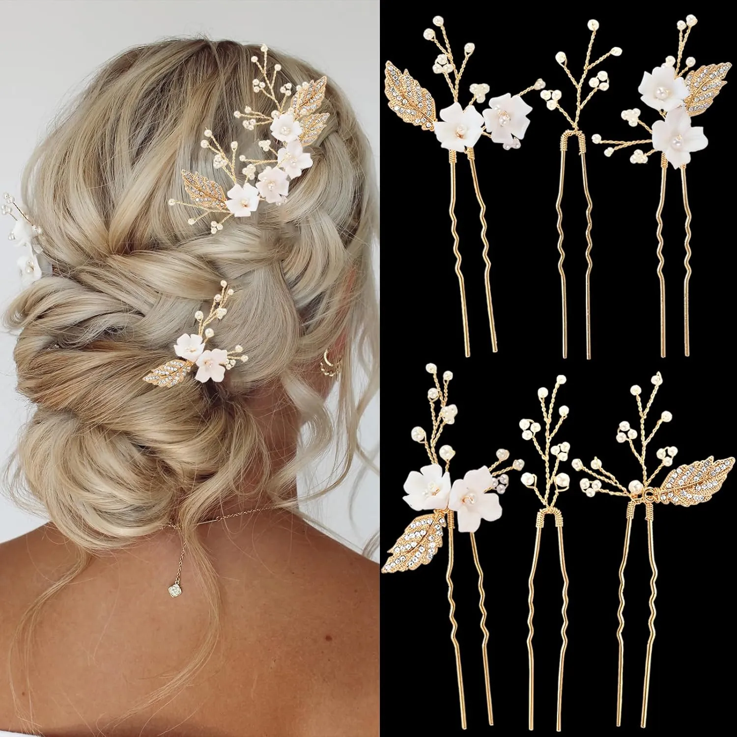 Handmade 6 Piece Flower Wedding Hair Accessories Elegant Bridal Hair Pins with Adorable Flowers Sparkling Rhinestone Gold Leaves and Pearl Accents for Women Brides and Bridesmaids (Gold)