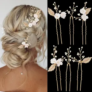Handmade 6 Piece Flower Wedding Hair Accessories Elegant Bridal Hair Pins with Adorable Flowers Sparkling Rhinestone Gold Leaves and Pearl Accents for Women Brides and Bridesmaids (Gold)