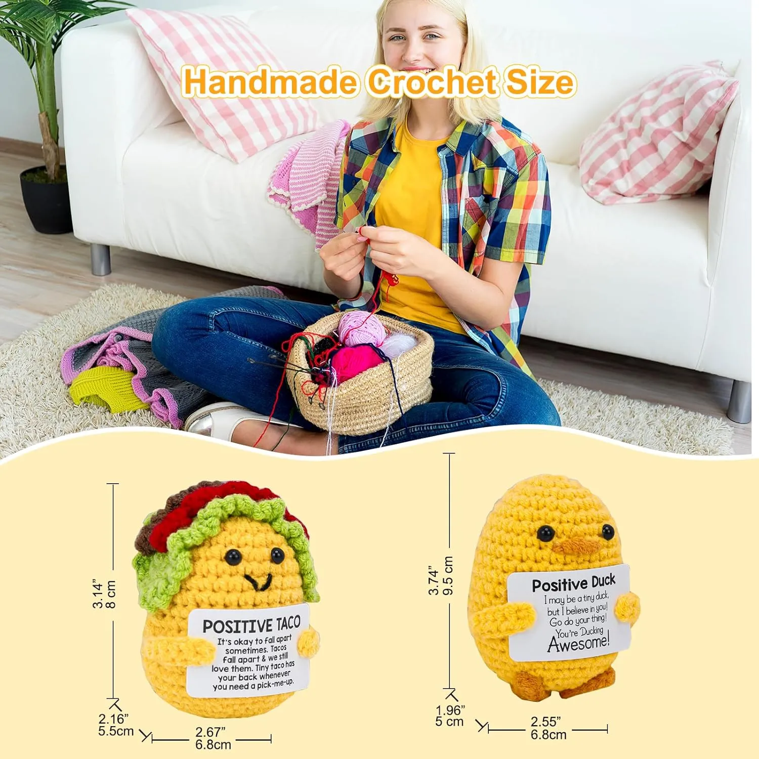 Handmade Mini Crochet Emotional Support Animal with Positive Card, Uplifting Gifts for Women Men Teens Friends Coworkers Birthday Graduation, Taco Duck