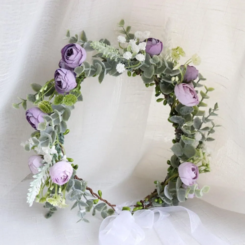 Handmade Wedding Headdress Wreath, Roses, Eucalyptus Trees, Green Plants, Ribbons (Purple, Normal)