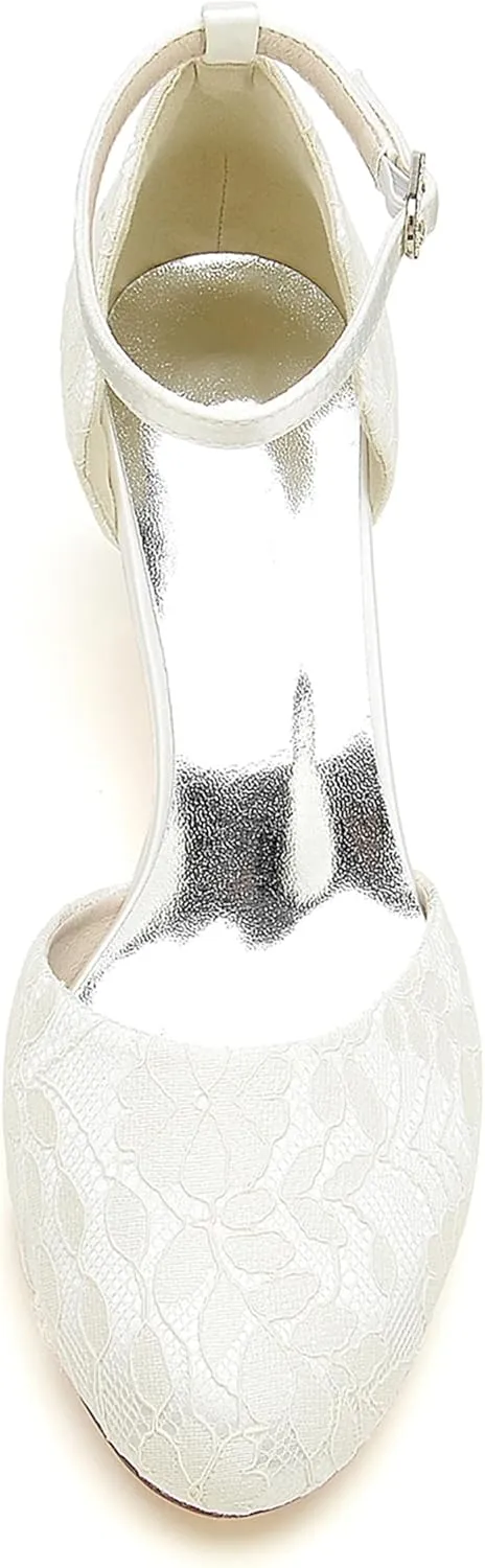 Hanfike Womens Lace Wedding Shoes Low Heel Round Toe Bridal Formal Party Pumps JY148