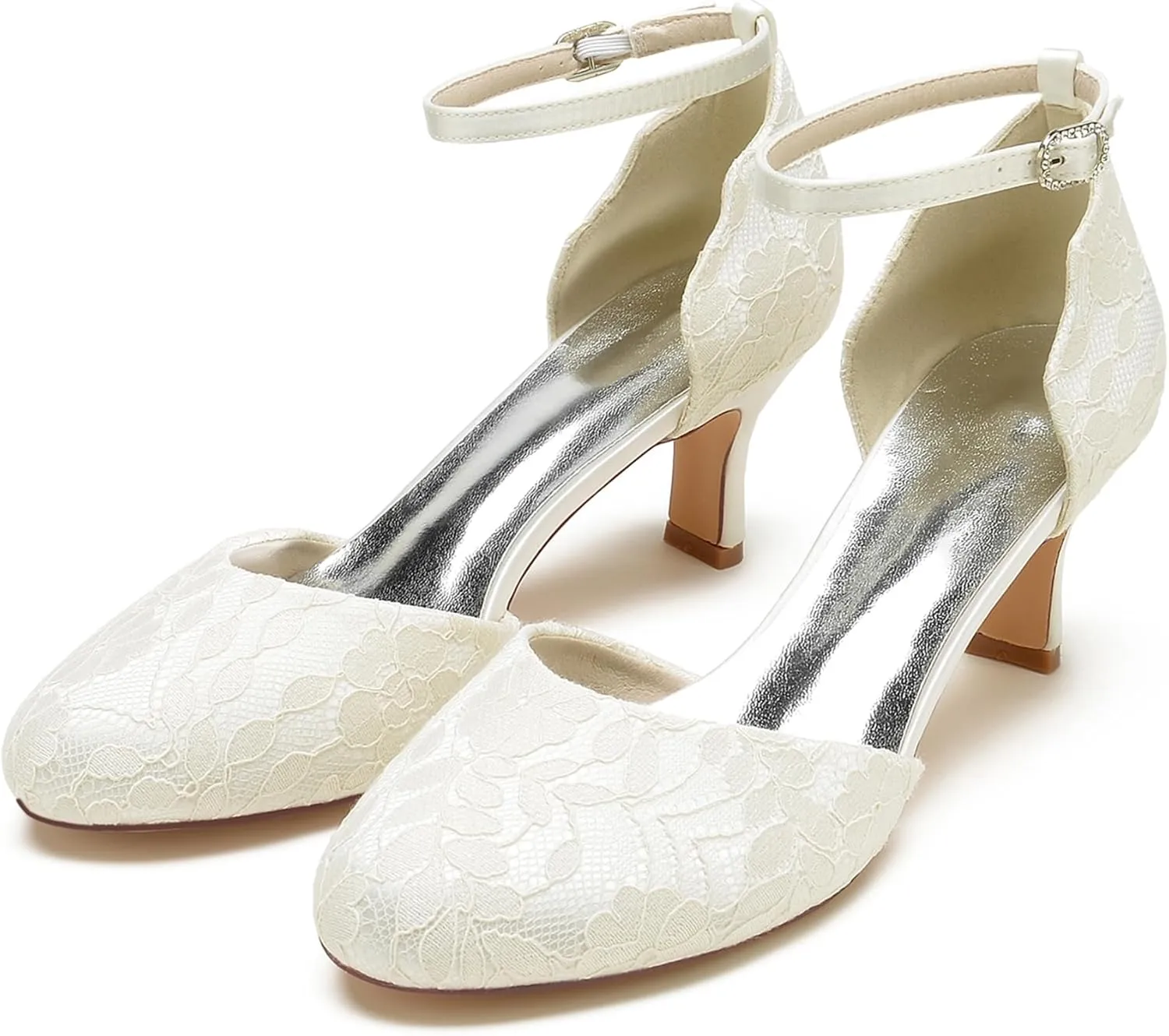 Hanfike Womens Lace Wedding Shoes Low Heel Round Toe Bridal Formal Party Pumps JY148