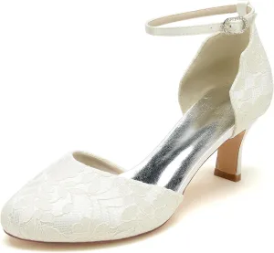Hanfike Womens Lace Wedding Shoes Low Heel Round Toe Bridal Formal Party Pumps JY148
