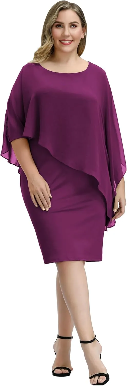 Hanna Nikole Women's Sleeveless Cape Dress with Chiffon Overlay Sequin Bodycon Pencil Dress