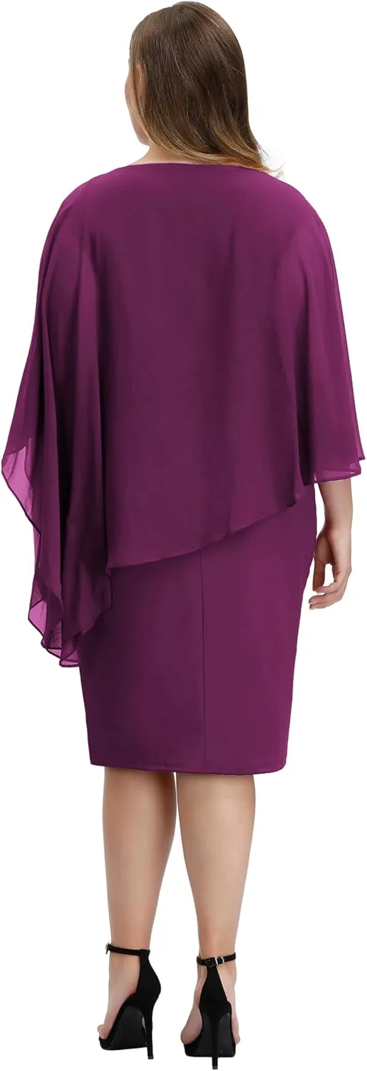 Hanna Nikole Women's Sleeveless Cape Dress with Chiffon Overlay Sequin Bodycon Pencil Dress