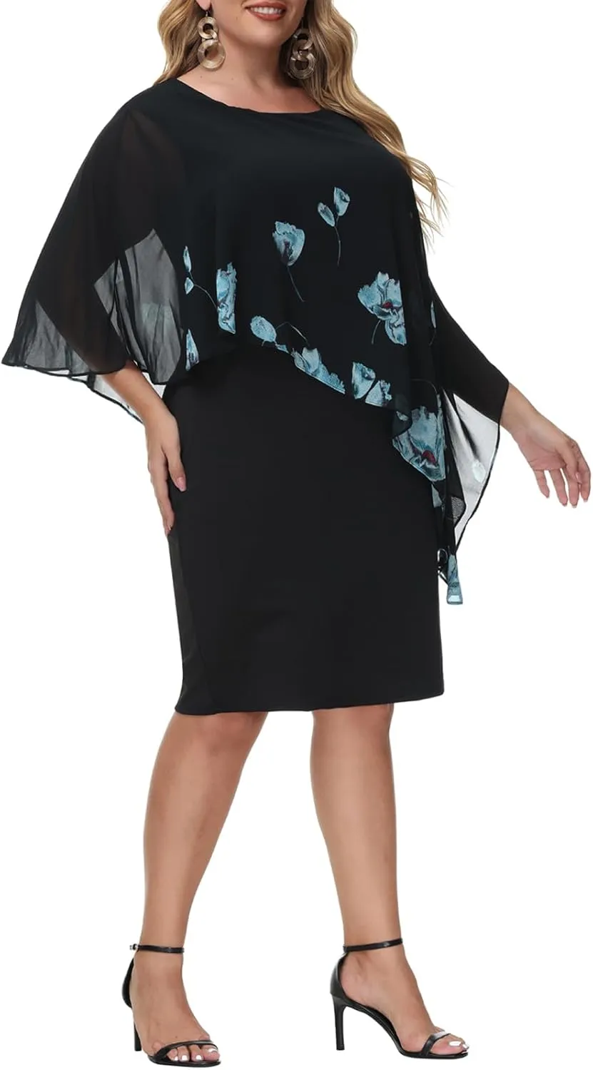 Hanna Nikole Women's Sleeveless Cape Dress with Chiffon Overlay Sequin Bodycon Pencil Dress