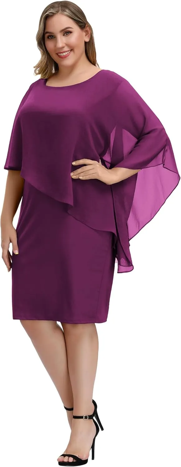 Hanna Nikole Women's Sleeveless Cape Dress with Chiffon Overlay Sequin Bodycon Pencil Dress