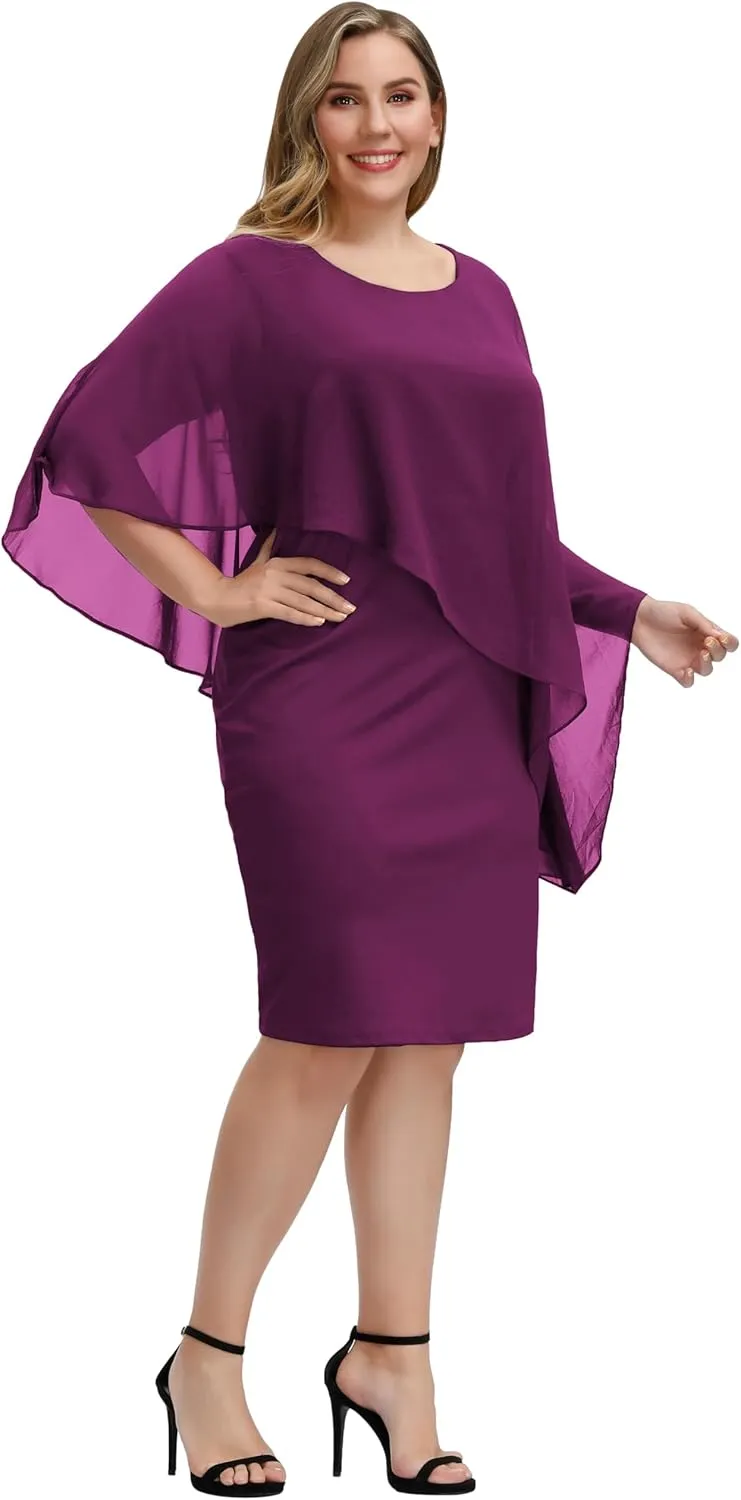 Hanna Nikole Women's Sleeveless Cape Dress with Chiffon Overlay Sequin Bodycon Pencil Dress