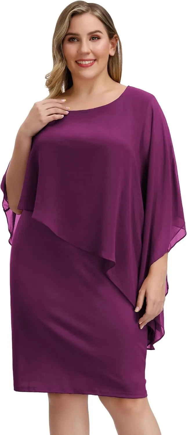 Hanna Nikole Women's Sleeveless Cape Dress with Chiffon Overlay Sequin Bodycon Pencil Dress