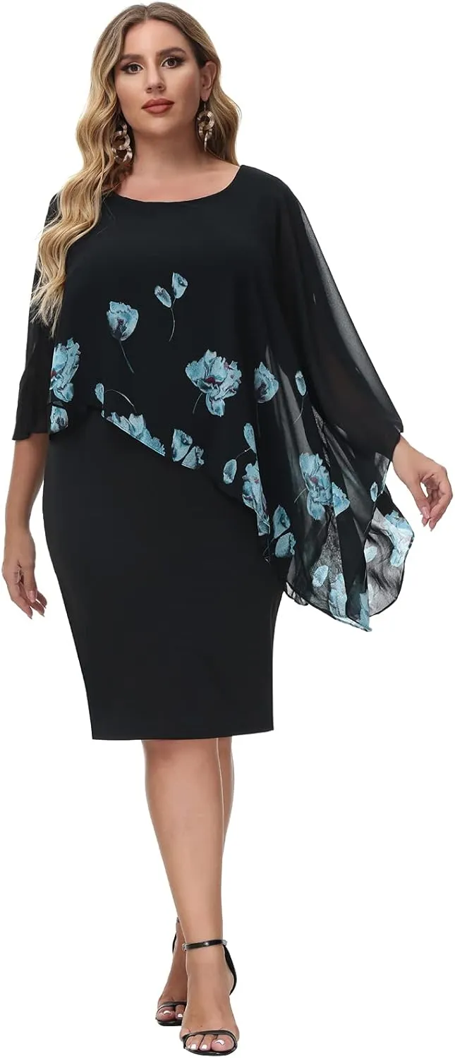 Hanna Nikole Women's Sleeveless Cape Dress with Chiffon Overlay Sequin Bodycon Pencil Dress