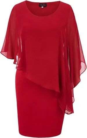 Hanna Nikole Women's Sleeveless Cape Dress with Chiffon Overlay Sequin Bodycon Pencil Dress